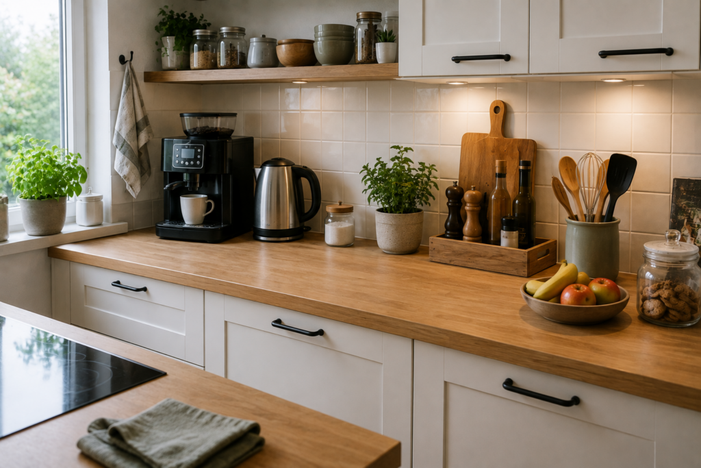 Aufgeräumte Küchenarbeitsfläche mit Kaffeemaschine und Küchenutensilien